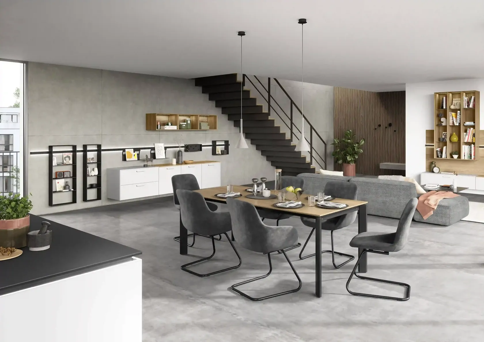 Spisestue med grå stoler og et bord av høy kvalitet Spisestue med grå stoler og et bord av høy kvalitet