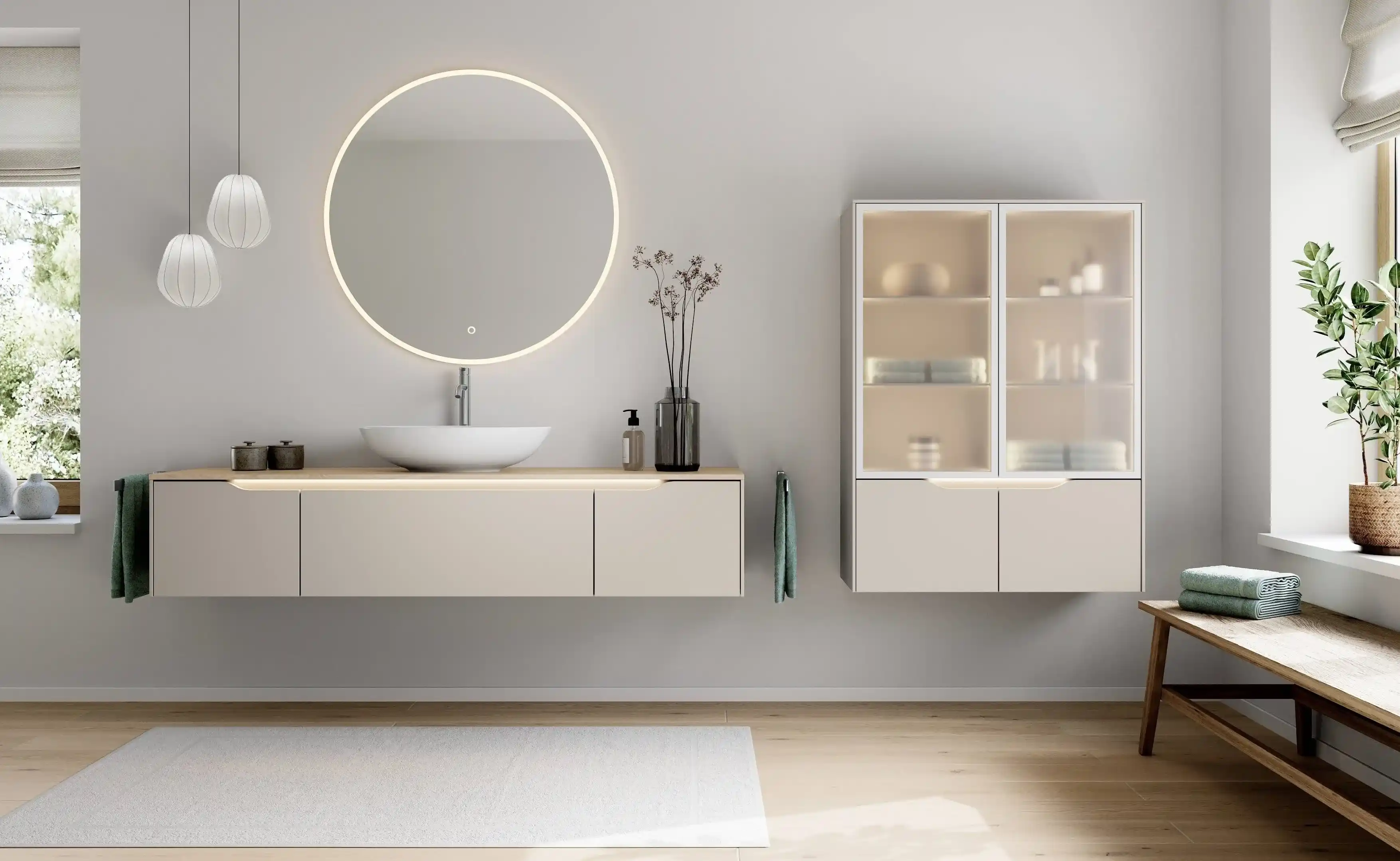 Moderne hvitt bad med opplyst håndtaklist Moderne hvitt bad med opplyst håndtaklist