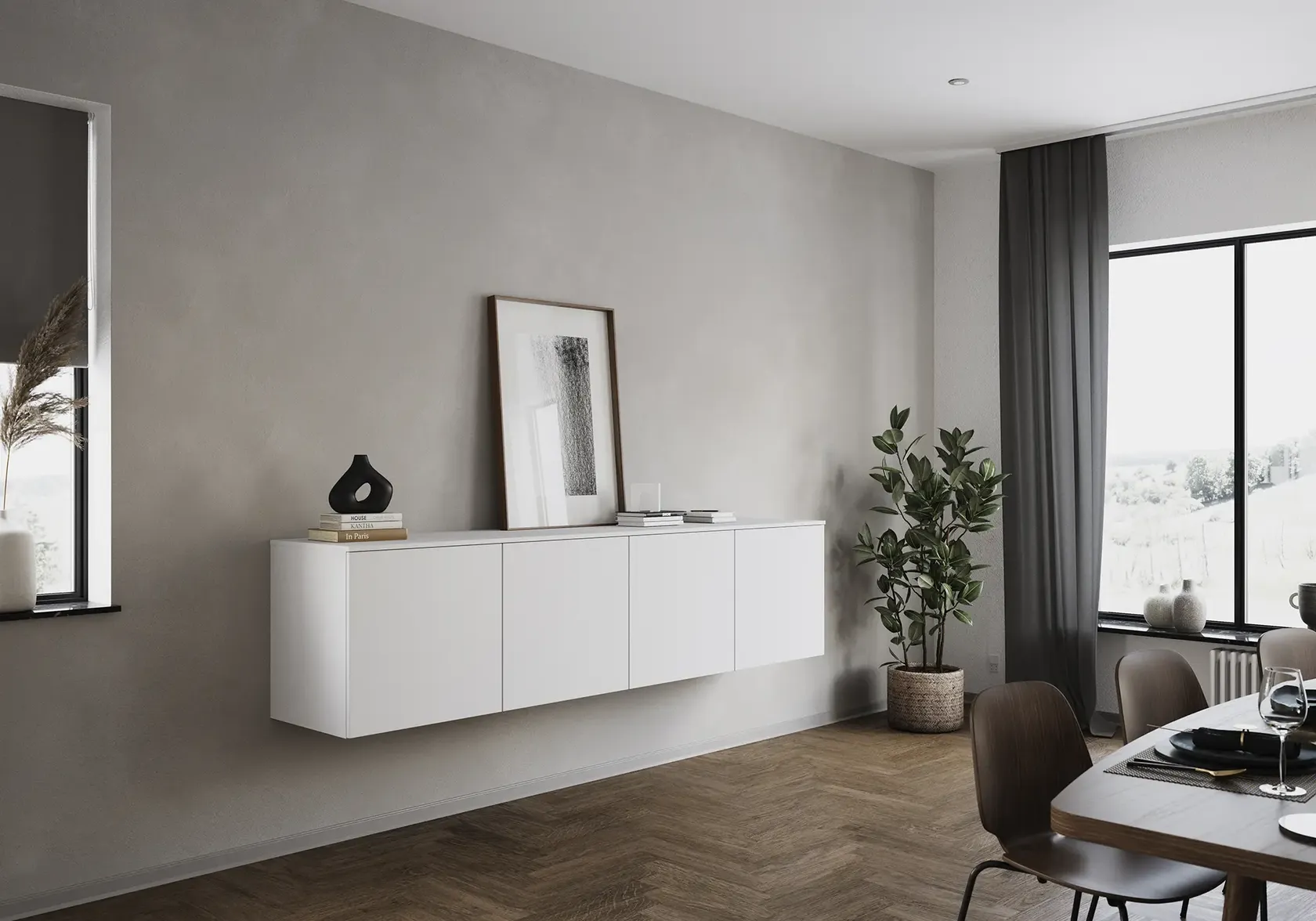 Hvitt hengeskap til en fin stue Hvitt hengeskap til en fin stue